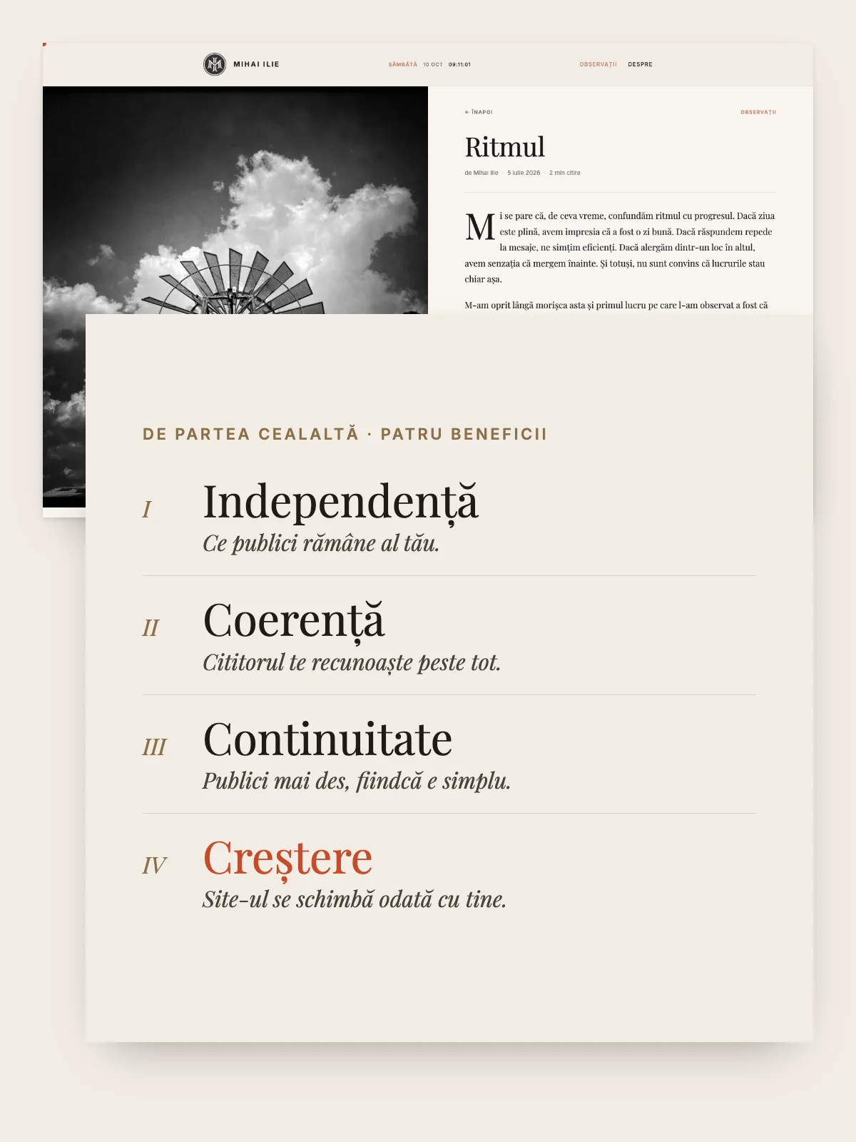 O pagină din mihaiilie.com și cele patru beneficii: independență, coerență, continuitate, creștere.