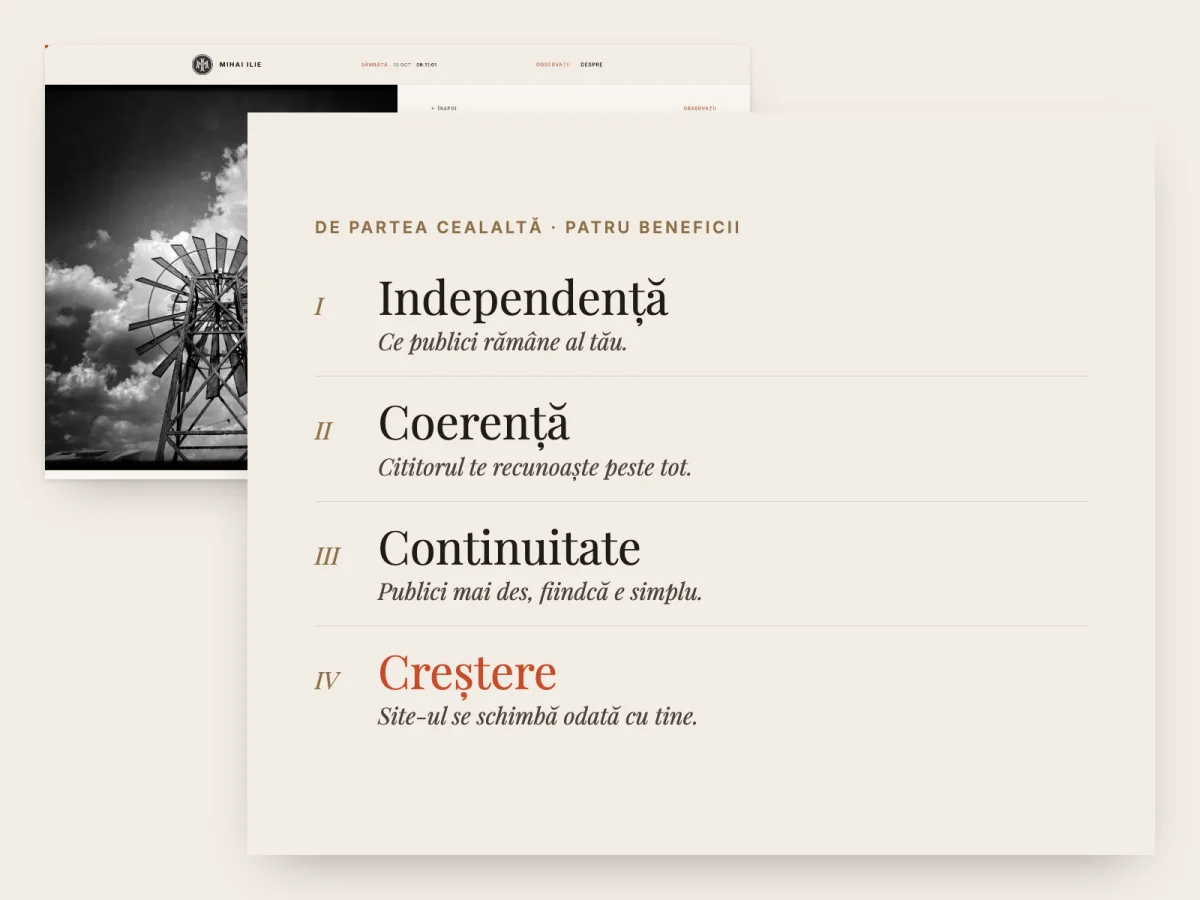O pagină din mihaiilie.com și cele patru beneficii: independență, coerență, continuitate, creștere.