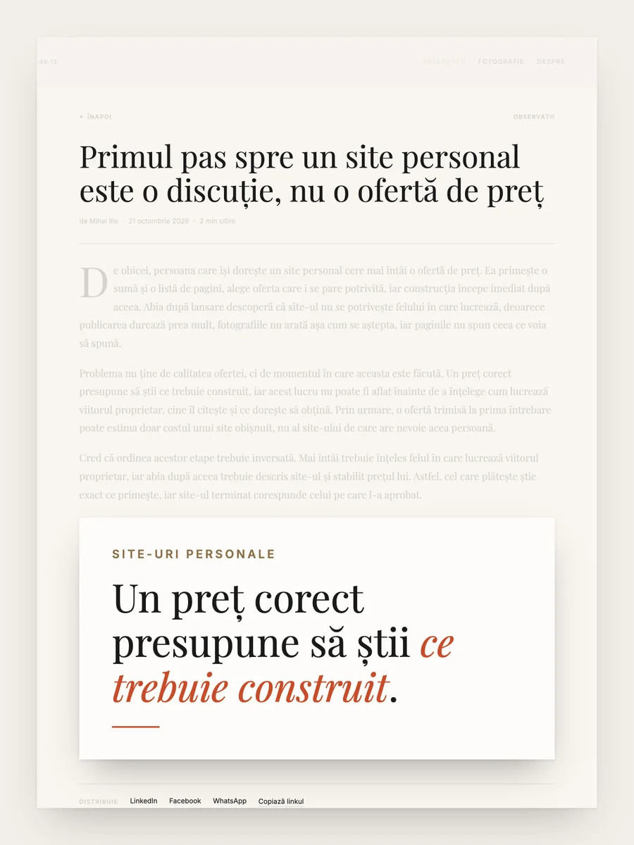Pagina articolului, estompată, cu un carton pe care scrie: Un preț corect presupune să știi ce trebuie construit.