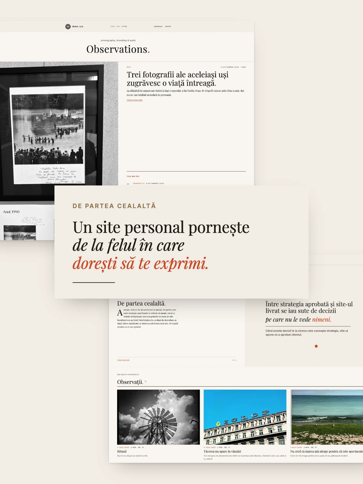 Două pagini din mihaiilie.com, cu fraza: Un site personal pornește de la felul în care dorești să te exprimi.